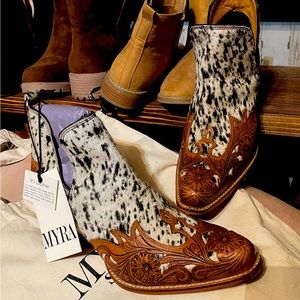 Myra cowhide hand tooled booties